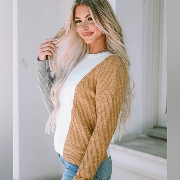 Cozy Sweater, Color Block, Cable Knit Texture, White/Tan/Gray, M L XL 2X - Picture 14 of 16